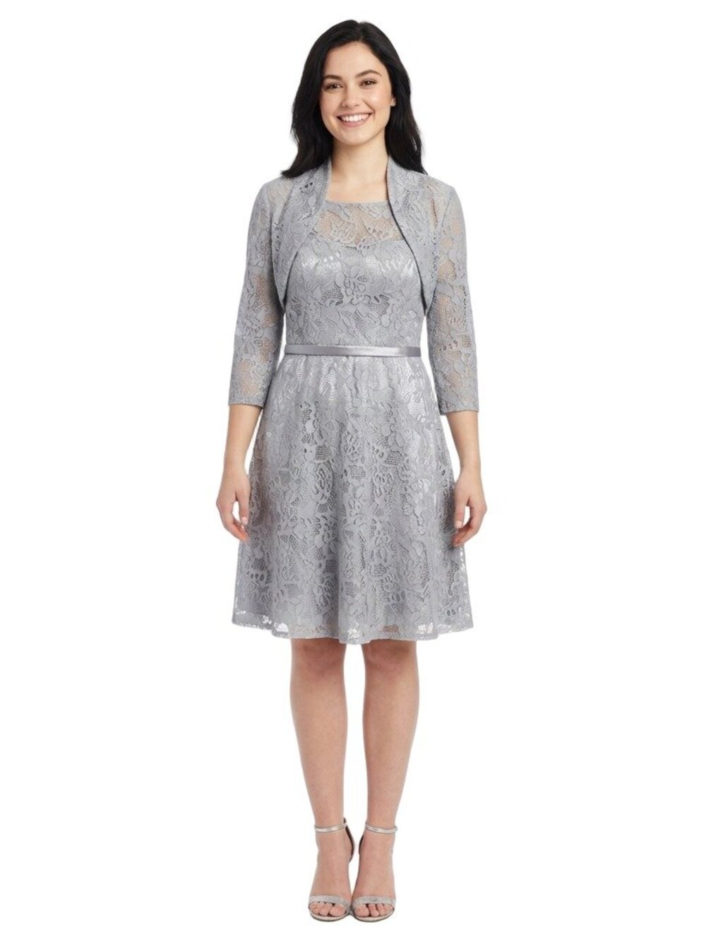 MayQueen 1209 Short Lace Formal Gown With Jacket-Size 12 -SILVER-NEW With Tags